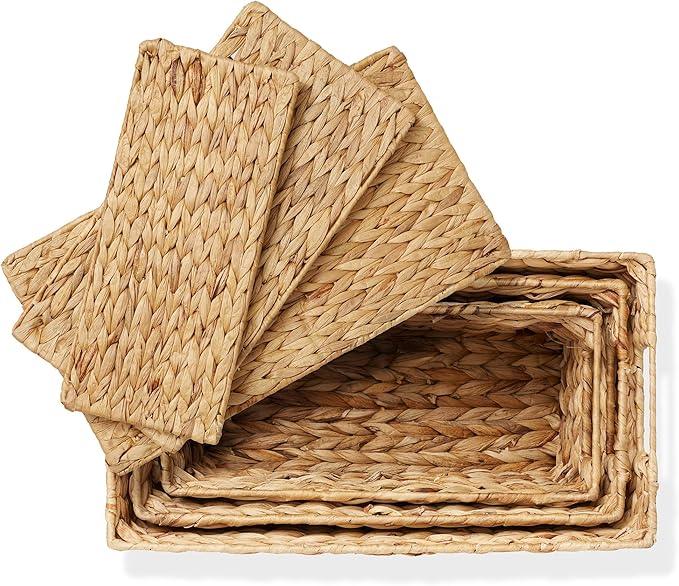 Casafield Set of 3 Water Hyacinth Storage Baskets with Lids, Natural - Small, Medium, Large Woven Nesting Bins for Bathroom, Bedroom, Closets, Shelves - ModernBath