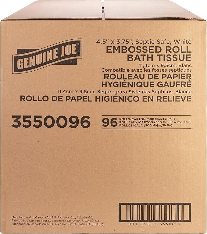 Genuine Joe Embossed Bath Tissue, 2-Ply, Septic Safe, Individually Wrapped, 4.5" x 3.75", 500 Sheets/Roll, 96 Count - ModernBath