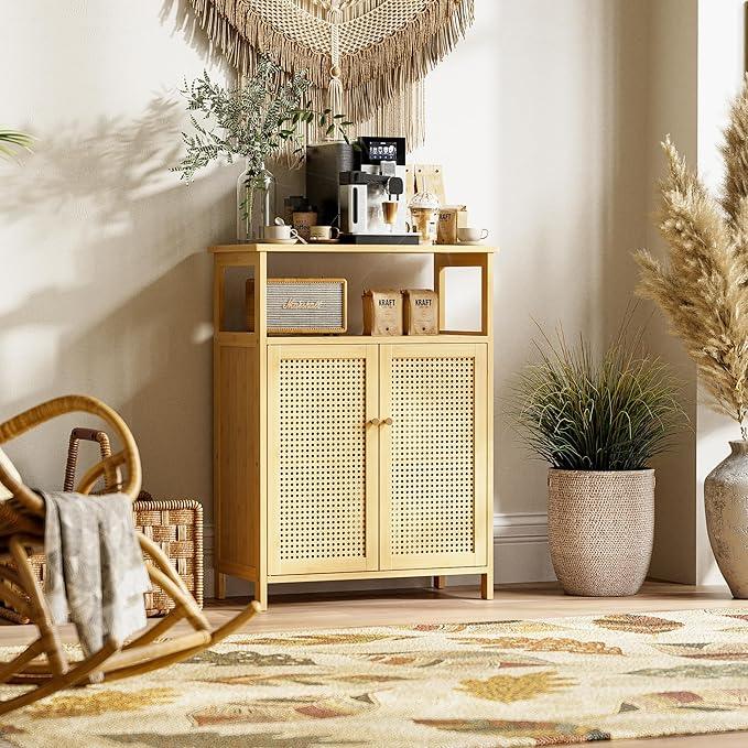 HITNET Rattan Bathroom Storage Cabinet, Bamboo Floor Cupboard with 2 Doors, Freestanding Side Organizer for Living Room, Kitchen, Entryway, Natural - ModernBath