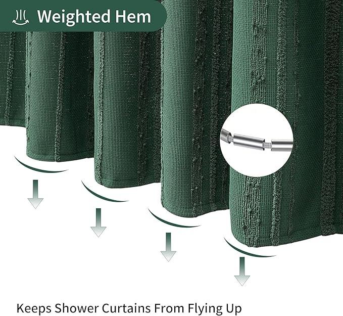 Lameirose Dark Green Shower Curtain Boho, Cotton Blend Waffle Shower Curtain Textured, Fabric Shower Curtains for Bathroom, Hotel, 72 x 72 - ModernBath