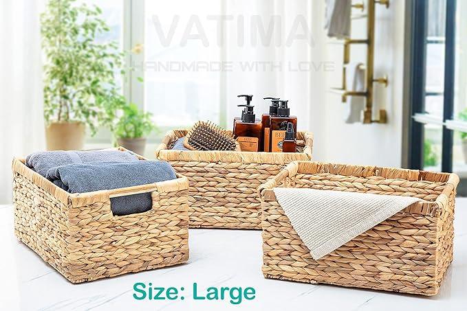 Water Hyacinth Storage Baskets with Wooden Handles, Rectangular Woven Organizer Bins for Closet, Pantry, Bathroom, or Shelves, Natural Decorative Storage Baskets for Home Organization – Set of 3 - ModernBath