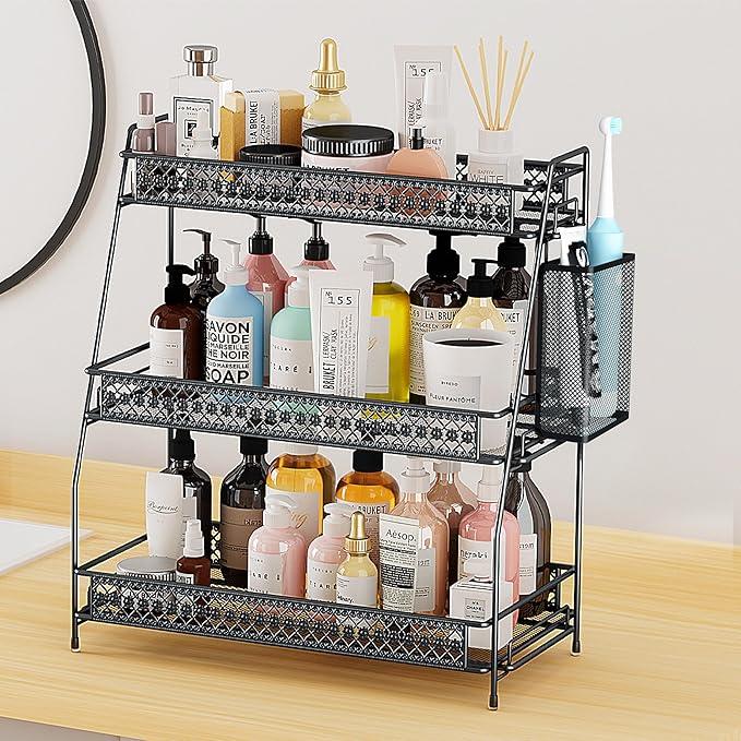 SILUB Vintage 3 Tier Spice Rack Organizer for Kitchen Counter, Bathroom Counter Organizer with Bonus Basket, 3 Tier Bathroom Counter Organizer for Spices Makeup Perfumes, Retro Countertop Organizer - ModernBath