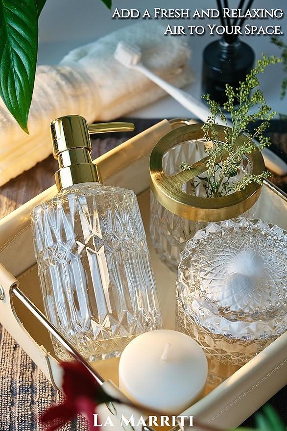 LaMarriti Glass Bathroom Accessories Set, 5pcs Crystal Clear Bathroom Set Accessories, Soap Dispenser, Toothbrush Holder Set, Soap Dish, Tumbler, Qtips Holder for Vintage Bathroom Decor, Gift Set - ModernBath