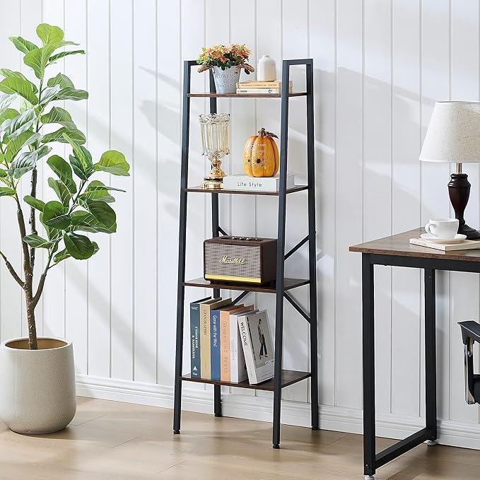 Hoctieon 4-Tier Industrial Ladder Bookshelf, Narrow Ladder Shelf, Tall Standing Bookshelf, Skinny Open Ladder Shelf, for Living Room, Home Office, Kitchen, Bedroom, Metal Frame, Rustic Brown - ModernBath