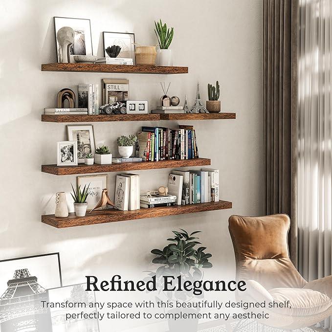 Floating Shelves for Wall, Wall Mounted Rustic Wood Shelves for Bathroom, Bedroom, Living Room, Kitchen, Hanging Shelf for Books/Storage/Room Decor (Brown, 30") - ModernBath