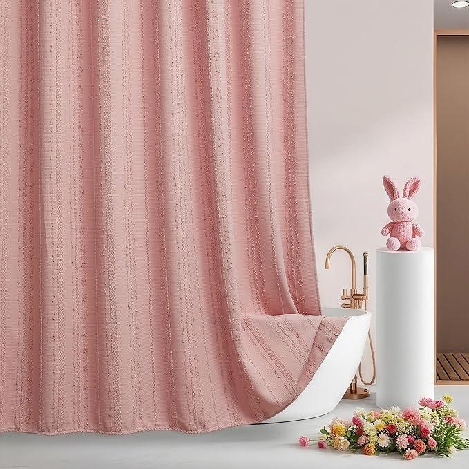 Lameirose Pink Shower Curtain Boho, Cotton Blend Waffle Shower Curtain Textured, Fabric Shower Curtains for Bathroom, Washable 72 x 72 - ModernBath