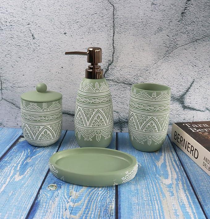 Hymmah Green Bathroom Accessories Set,Farmhouse Bathroom Decor,4 Pcs Resin Gift Set Apartment Necessities, Contain Cotton Swab Jar,Soap Dispenser,Tumbler，Soap Dish/Tray - ModernBath