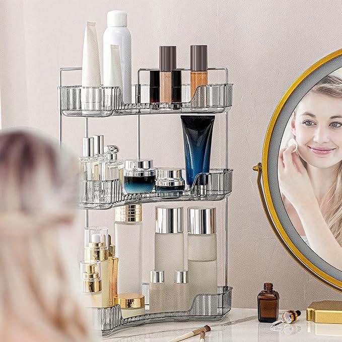 INVSSENE Corner Bathroom Countertop Organizer, Vanity Organizer Trays for Counter, Makeup Organizers, Perfume Tray, Skincare Shelf Storage Gifts for Women Girl Student (Smoky Gray 3 Tiers) - ModernBath