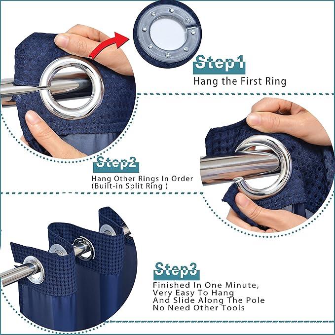 Conbo Mio No Hook Waffle Weave Shower Curtain with Snap in Liner Set, Hotel Luxury Navy Blue Shower Curtains for Bathroom with See Through Top Window, Waterproof, Washable 71W x 74H - ModernBath