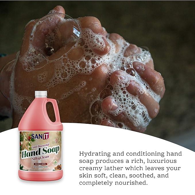 Sanit Silky Clean Antibacterial Liquid Gel Hand Soap Refill - Advanced Formula with Coconut Oil and Aloe Vera - All Natural Moisturizing Hand Wash - Made in USA, Holiday Aroma, 1 Gallon - ModernBath