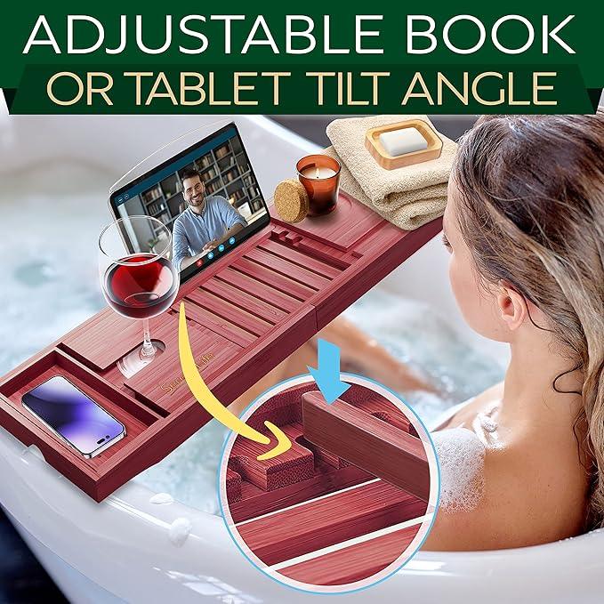SereneLife Premium Bathtub Tray Caddy with Gift Box and Bow Set, Expandable Bath Tray, Unique House Warming Gifts for Mom, Women, Wedding, Anniversary, Bridal Shower, Fit for All Tub - Stain Brown - ModernBath