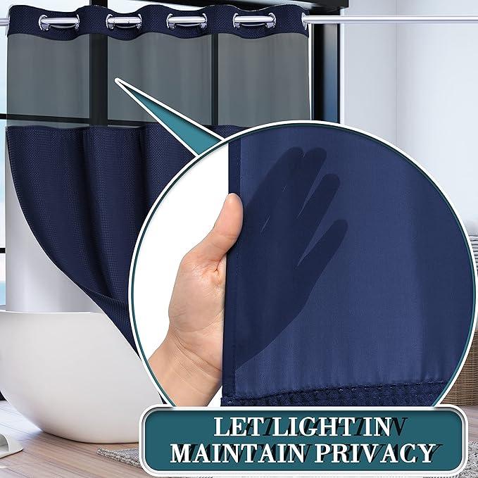 Extra Long No Hook Waffle Weave Shower Curtain with Snap in Liner Set, Hotel Luxury Navy Blue Shower Curtains for Bathroom with See Through Top Window, Waterproof, Washable 71W x 84H - ModernBath