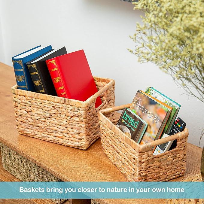 Natural Water Hyacinth storage basket with Handle, Rectangular Organizing Basket for Organizing, Decorative Wicker Storage Bins for Living Room, Medium Wicker Baskets - 3 Pack Medium - ModernBath