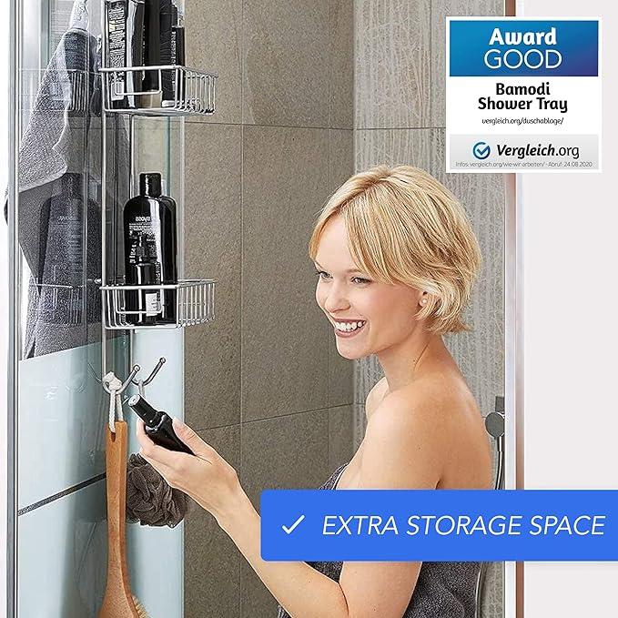 Bamodi |2-Tier Stainless Steel Shower Caddy-Hanging Shower Rack-Bathroom Organizer for Accessories-Rustproof Stainless Steel-2 Towel Hooks-27.56" DX8.27 WX7.28 H(Chrome) - ModernBath