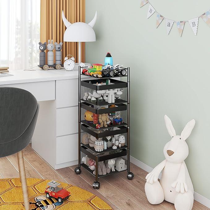 Rotating Kitchen Storage Rack，Bathroom Shelf，Kitchen Organization and Storage，Bathroom Storage Organizer，Fruit Basket，Rolling Carts with Wheels(Black, 4 Tier-Square) - ModernBath