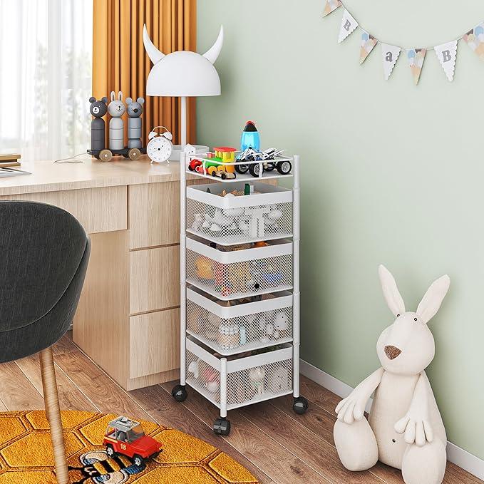 Rotating Kitchen Storage Rack,Fruit and Vegetable Basket Cart,Bathroom Shelf,Kitchen Organization and Storage Rack,Rolling Carts on Wheels(White, 4 Tier-Square) - ModernBath
