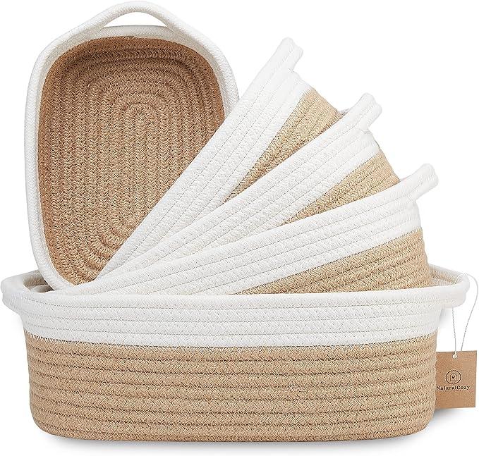 NaturalCozy 5-Piece Rectangle Storage Basket Set- Natural Cotton Rope Woven Baskets for Organizing! Small Basket for Montessori, Baby Nursery, Dog Toy Baskets, Cat Toy Box, Bathroom Organization Bin - ModernBath