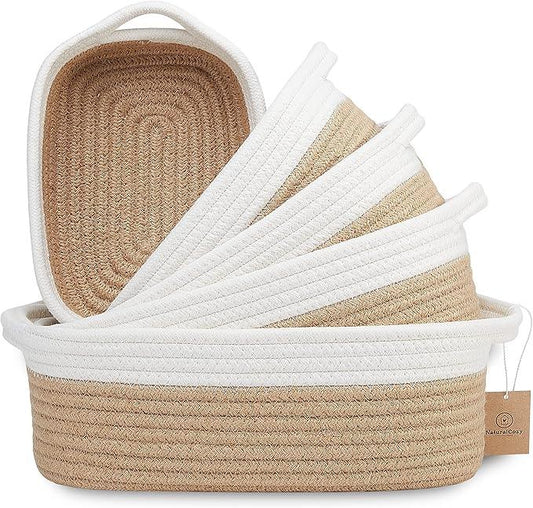 NaturalCozy 5-Piece Rectangle Storage Basket Set- Natural Cotton Rope Woven Baskets for Organizing! Small Basket for Montessori, Baby Nursery, Dog Toy Baskets, Cat Toy Box, Bathroom Organization Bin - ModernBath
