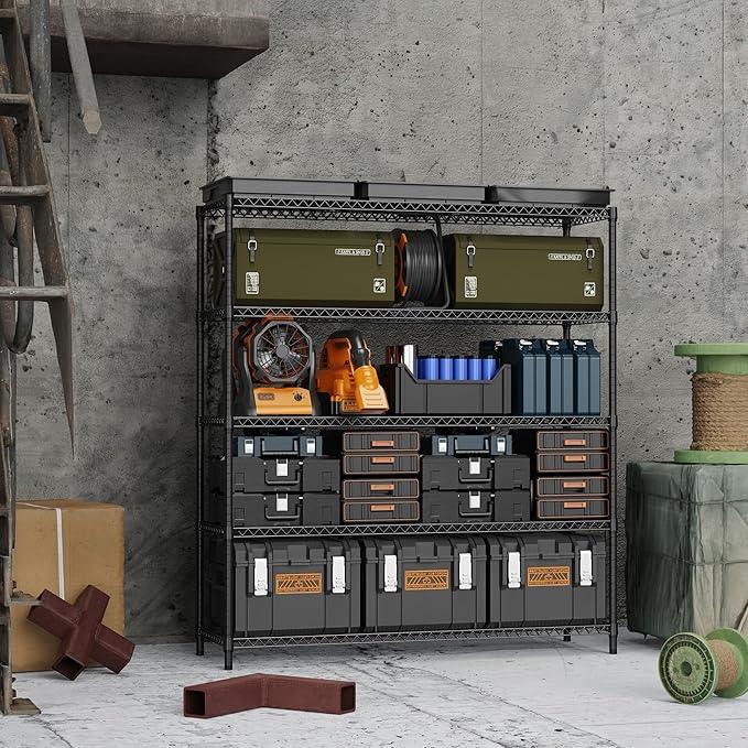 5 Tiers Storage Shelves Load 3300LBS, Metal Shelving Wire Metal Shelving Unit Shelves for Storage Adjustable Garage Shelving for Pantry Kitchen Garage Black 17.7" D x 59.1" W x 70.4" H - ModernBath
