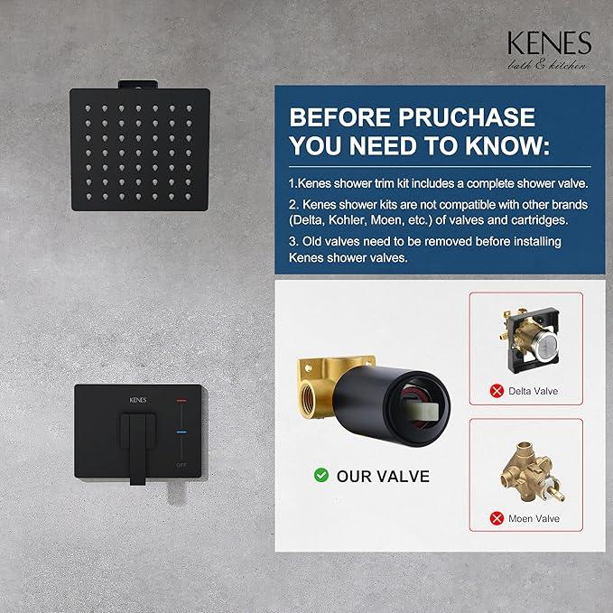 KENES Matte Black Shower Faucet with 6-Inch Shower Head and Handle Set, Square Shower Faucet Set Bathroom Rainfall Shower System Wall Mount, KE-6025B-2 (Shower Valve Included) - ModernBath