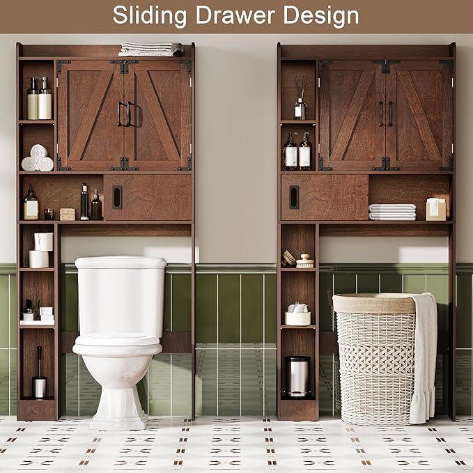 ChooChoo Over The Toilet Storage Cabinet, Farmhouse Bathroom Storage Cabinet with Sliding Door, Over Toilet Storage with Adjustable Shelves, Space-Saving, Walnut - ModernBath