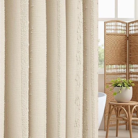 Lameirose Beige Shower Curtain Boho, 72 x 72 Cotton Blend Waffle Weave Stripe Textured Heavy Duty, Fabric Shower Curtain for Bathroom, Hotel, Washable - ModernBath