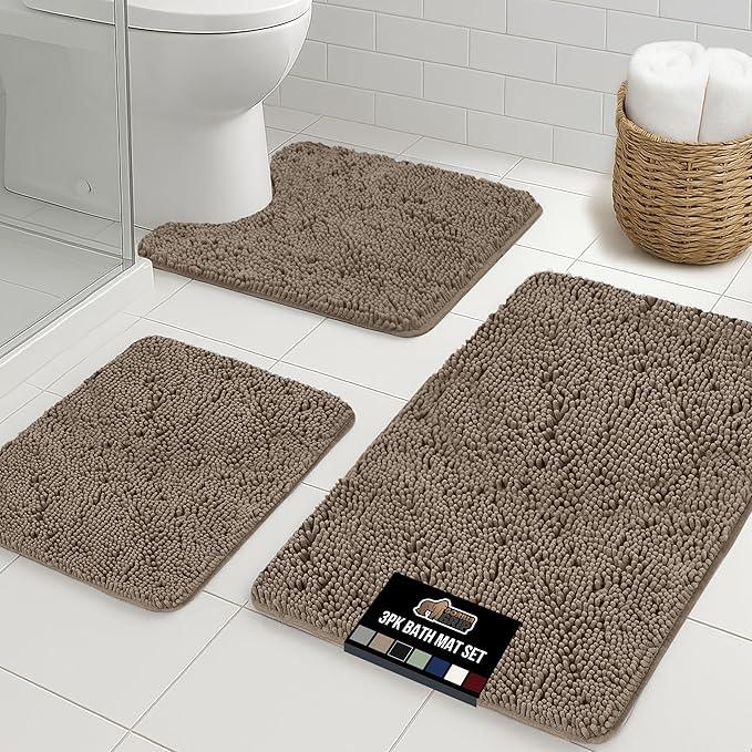 GORILLA GRIP Bathroom Rug Sets 3 Piece, Bath Mat Set and Oval Toilet Base with Rubber Backing, Plush Absorbent Shaggy Chenille Washable Mats, Includes 24x19.5, 24x17 and 30x20 Inch Rugs, Gray Beige - ModernBath