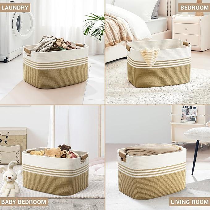 86L Extra Large Laundry Basket with Leather Handles for Living Room Storage, Woven Rope Baskets for Blanket, Kids Toy, Gifts, Wicker Hamper for Bedroom Dirty Clothes, 24"x16"x14" Khaki - ModernBath