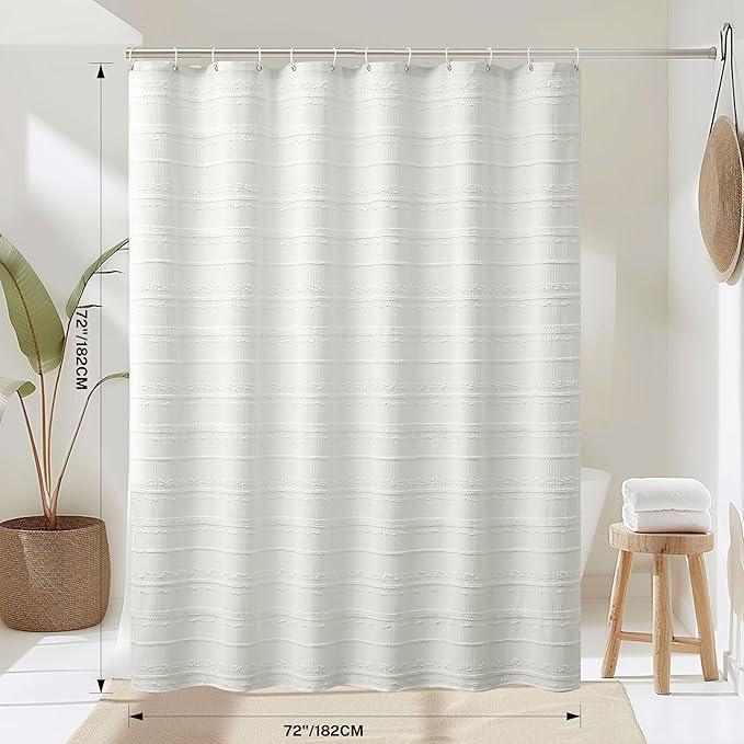 Lameirose Farmhouse White Shower Curtain Boho, 72 x 72 Cotton Blend Tufted Weave Waffle Stripe Textured Heavy Duty, Fabric Shower Curtain for Bathroom, Hotel - ModernBath