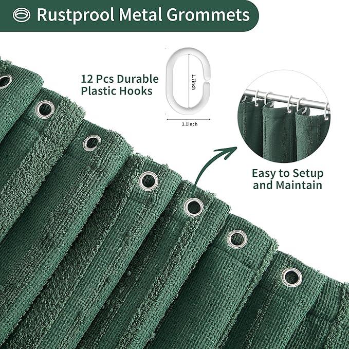 Lameirose Dark Green Shower Curtain Boho, Cotton Blend Waffle Shower Curtain Textured, Fabric Shower Curtains for Bathroom, Hotel, 72 x 72 - ModernBath