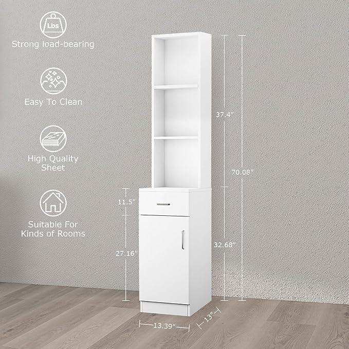 BNSPLY Tall Bathroom Cabinet, Narrow Slim Linen Cabinet with 3 Tier Open Shelves and Drawer, Free Standing Linen Tower for Bathroom, Living Room, Kitchen (White 13.4" W x 13" D x 70" H) - ModernBath