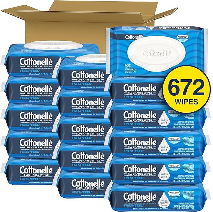Cottonelle Fresh Feel Flushable Wet Wipes, Adult Wet Wipes, 16 Flip-Top Packs, 42 Wipes Per Pack (672 Total Wipes), Packaging May Vary - ModernBath