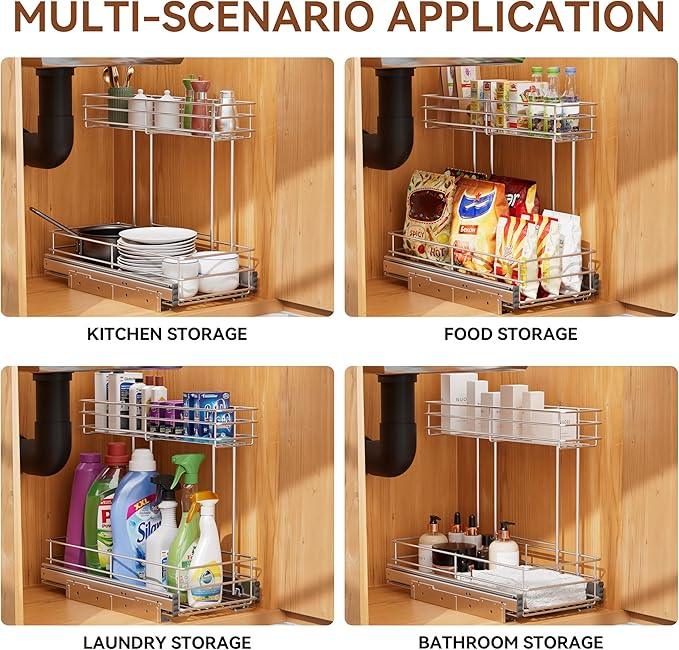 Under Sink Organizer 9"W X18.5"D，Pull Out Cabinet Organizer 2 Tier，Under Sink Slide Out Organizer Chrome Plated, Under Kitchen Bathroom Sink Organizer, Pantry Cabinet Closet Organization Rack, 1 Pack - ModernBath