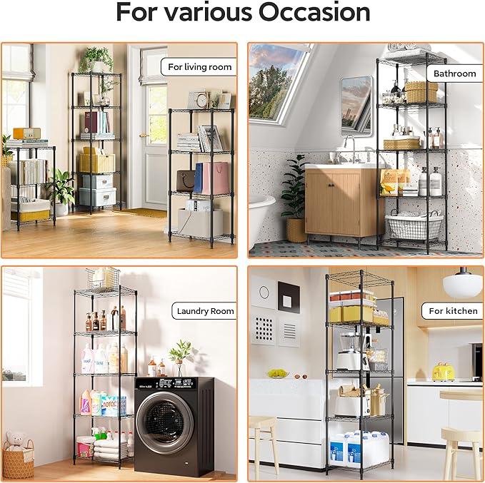 5 Tiers Shelf Metal Storage Shelves Wire Rack Closet Organizers with Wheel for Garage Kitchen Bathroom Laundry Black 11.8" D x 17.7" W x 55" H - ModernBath