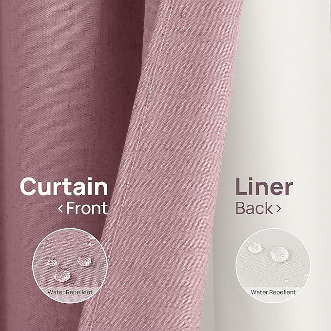 Blush Pink No Hooks Linen Shower Curtain with Snap in Liner Set Rustic Farmhouse Shower Curtains for Bathroom Cream Burlap Cloth Double Bath Curtains with See Through Top Window 72x75 - ModernBath