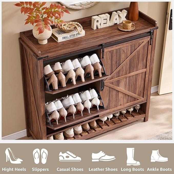 OKD Shoe Storage Cabinet with 2 Flip Drawers & Sliding Door, Farmhouse Entryway Shoe Organizer, Freestanding Rustic Hidden Shoe Rack Cabinet for Entryway, Rustic Walnut - ModernBath
