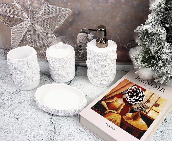 Hymmah Bathroom Accessories Set,Rose Design Bathroom Set,Farmhouse Bathroom Decor,4 Pcs Resin Gift Set Apartment Necessities, Contain Cotton Swab Jar,Soap Dispenser,Soap Dish,Tumbler White - ModernBath