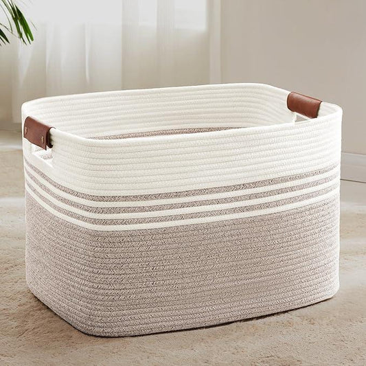 86L Extra Large Laundry Basket with Leather Handles for Living Room Storage, Woven Rope Baskets for Blanket, Kids Toy, Gifts, Wicker Hamper for Bedroom Dirty Clothes, 24"x16"x14" White Brown - ModernBath