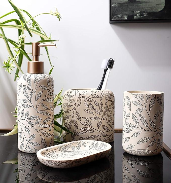 Hymmah Bathroom Accessories Set,Toothbrush Holder,Farmhouse Bathroom Decor,4 Pcs Resin Gift Set Apartment Necessities, Contain Toothbrush Cup,Soap Dispenser,Soap Dish,Tumbler - ModernBath