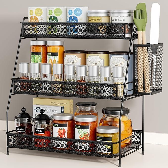 SILUB Vintage 3 Tier Spice Rack Organizer for Kitchen Counter, Bathroom Counter Organizer with Bonus Basket, 3 Tier Bathroom Counter Organizer for Spices Makeup Perfumes, Retro Countertop Organizer - ModernBath