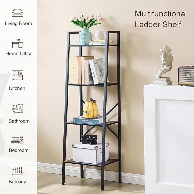 Hoctieon 4-Tier Industrial Ladder Bookshelf, Narrow Ladder Shelf, Tall Standing Bookshelf, Skinny Open Ladder Shelf, for Living Room, Home Office, Kitchen, Bedroom, Metal Frame, Black - ModernBath