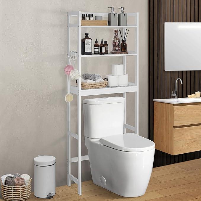 CAPHAUS Over The Toilet Storage Shelf,3-Tier Bathroom Organizer Shelf Rack Over Toilet with Hooks & Adjustable Feet,Freestanding Toilet Shelf, Bathroom & Laundry Organizer,Balcony Plant Stand, White - ModernBath