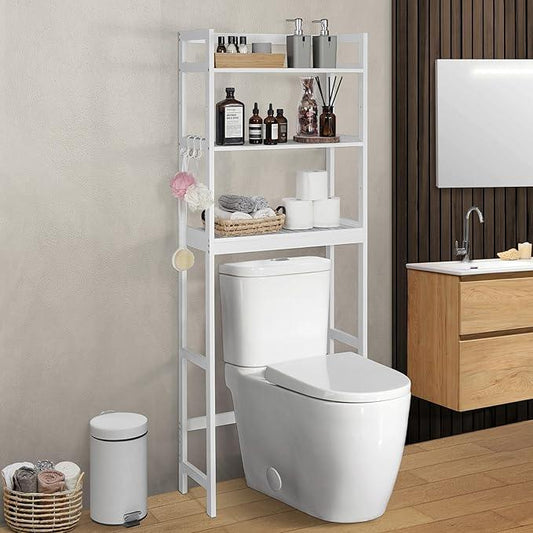 CAPHAUS Over The Toilet Storage Shelf,3-Tier Bathroom Organizer Shelf Rack Over Toilet with Hooks & Adjustable Feet,Freestanding Toilet Shelf, Bathroom & Laundry Organizer,Balcony Plant Stand, White - ModernBath