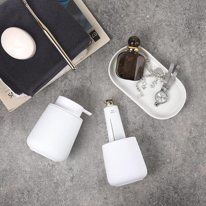 BosilunLife White Bathroom Accessory Set - 3 pcs Ceramic Bathroom Soap Dispenser Set Farmhouse Bathroom Decor Sets Accessories, Soap Dispenser and Toothbrush Holder, Tray (White Set - Liquid Pump) - ModernBath