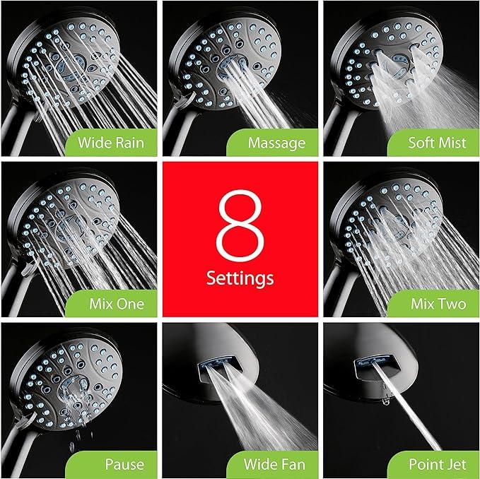 AquaCare High Pressure 8-mode Handheld Shower Head - Anti-clog Nozzles, Built-in Power Wash to Clean Tub, Tile & Pets, Extra Long 6 ft. Stainless Steel Hose, Wall & Overhead Brackets - ModernBath
