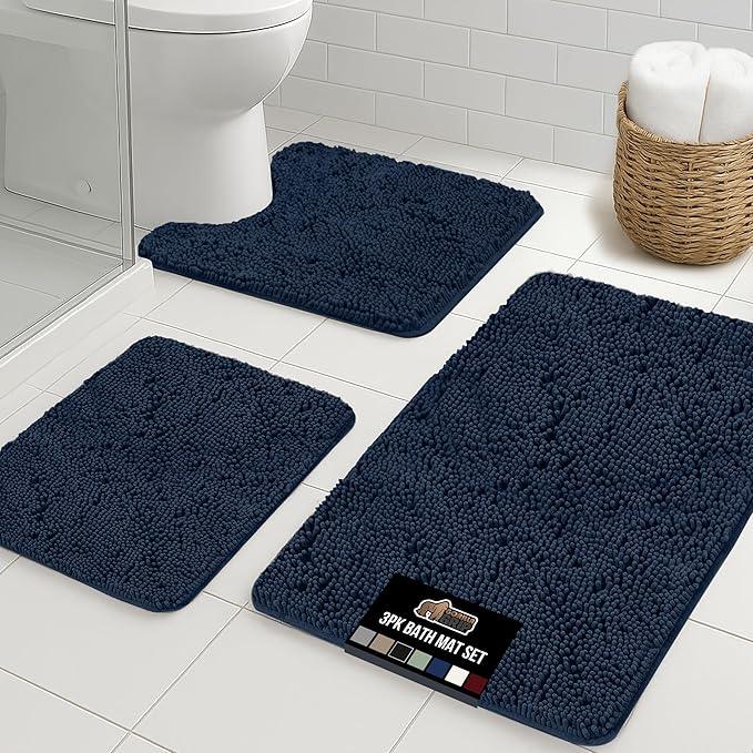 GORILLA GRIP Bathroom Rug Sets 3 Piece, Bath Mat Set and Oval Toilet Base with Rubber Backing, Plush Absorbent Shaggy Chenille Washable Mats, Includes 24x19.5, 24x17 and 30x20 Inch Rugs, Navy - ModernBath