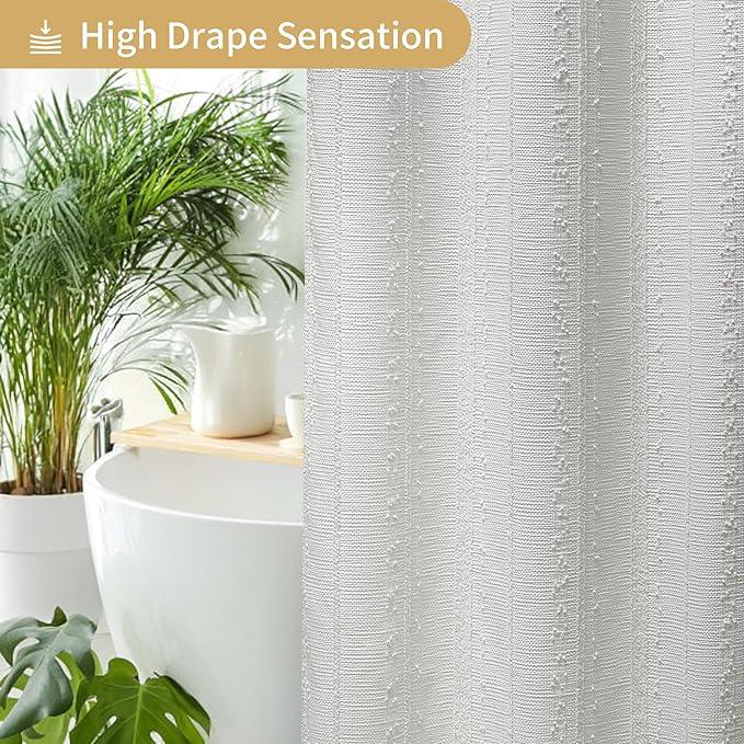 Lameirose Extra Long White Shower Curtain Boho, 72 x 84 Cotton Blend Waffle Weave Stripe Textured Heavy Duty, Fabric Shower Curtain for Bathroom, Hotel, Washable - ModernBath