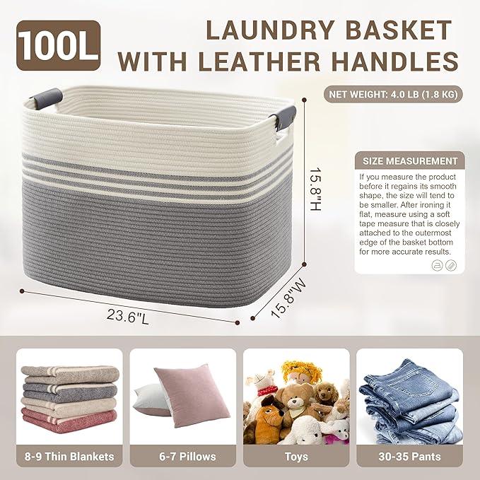 100L Extra Large Laundry Basket with Leather Handles for Living Room Storage, Woven Rope Baskets for Blanket, Kids Toy, Gifts, Wicker Hamper for Bedroom Dirty Clothes, 24"x16"x16" White Grey - ModernBath