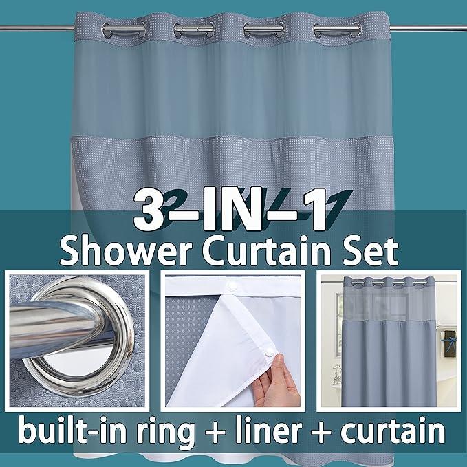 Conbo Mio No Hook Waffle Weave Shower Curtain with Snap in Liner Set, Hotel Luxury Grey Shower Curtains for Bathroom with See Through Top Window, Waterproof, Washable 71W x 74H - ModernBath