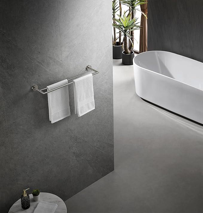 Towel Bar, Towel Racks for Bathroom, Double Towel Bar 26 Inch, Contemporary Bath Towel Holder Wall Mounted, Hotel Style Towel Shelf Brushed Nickel, 077080-BN Leo Series - ModernBath